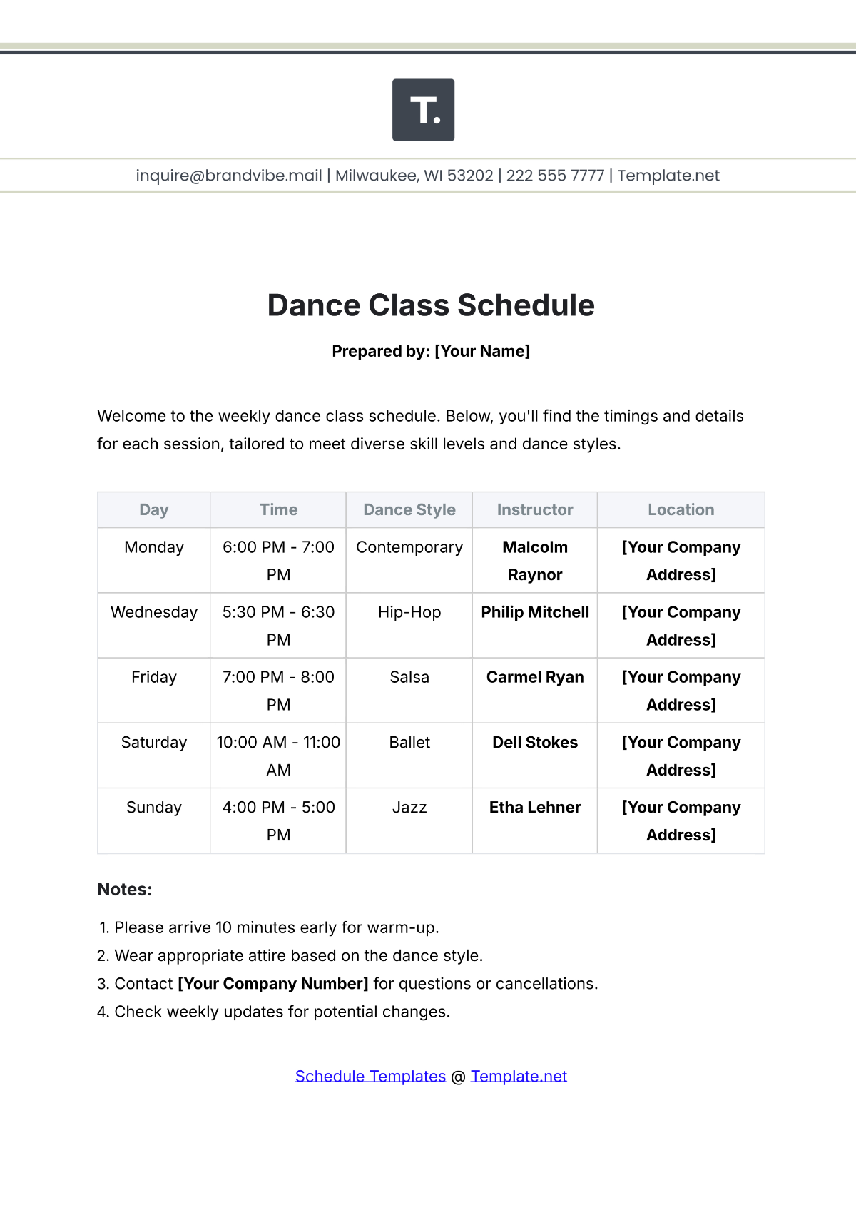 Dance Class Schedule Template - Edit Online & Download