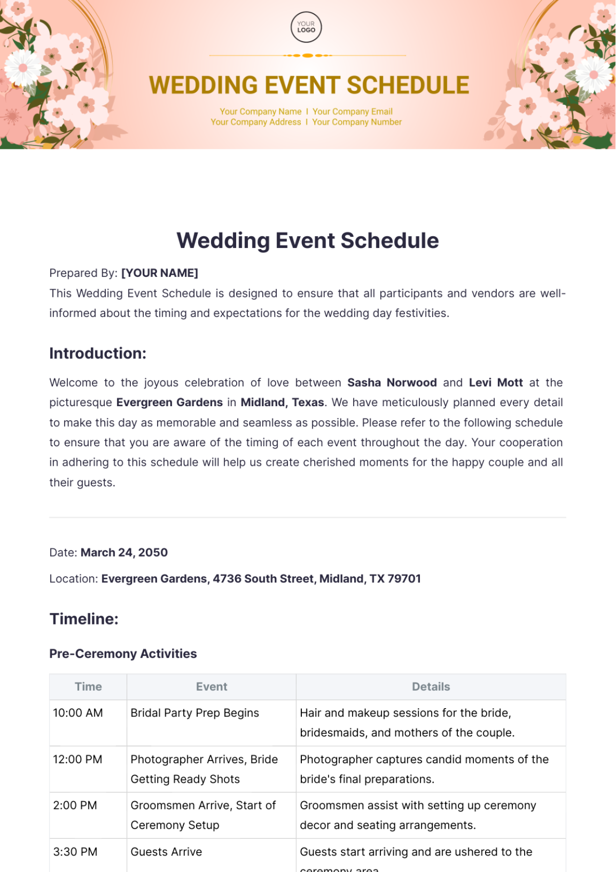 Wedding Event Schedule Template - Edit Online & Download