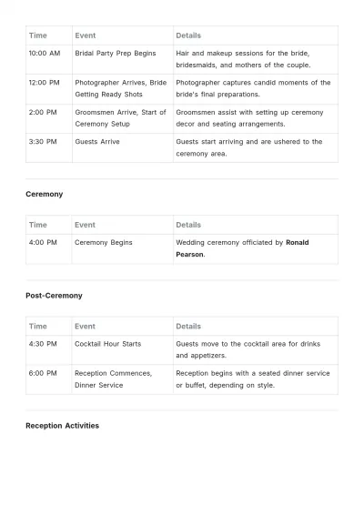 Free Wedding Event Schedule Template to Edit Online