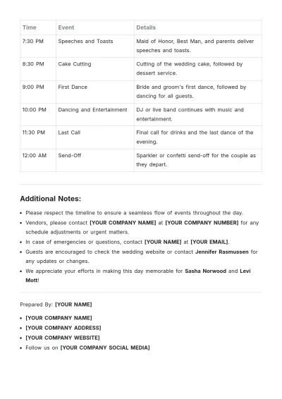 Free Wedding Event Schedule Template to Edit Online