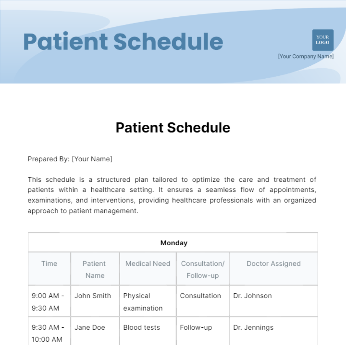 Patient Schedule Template