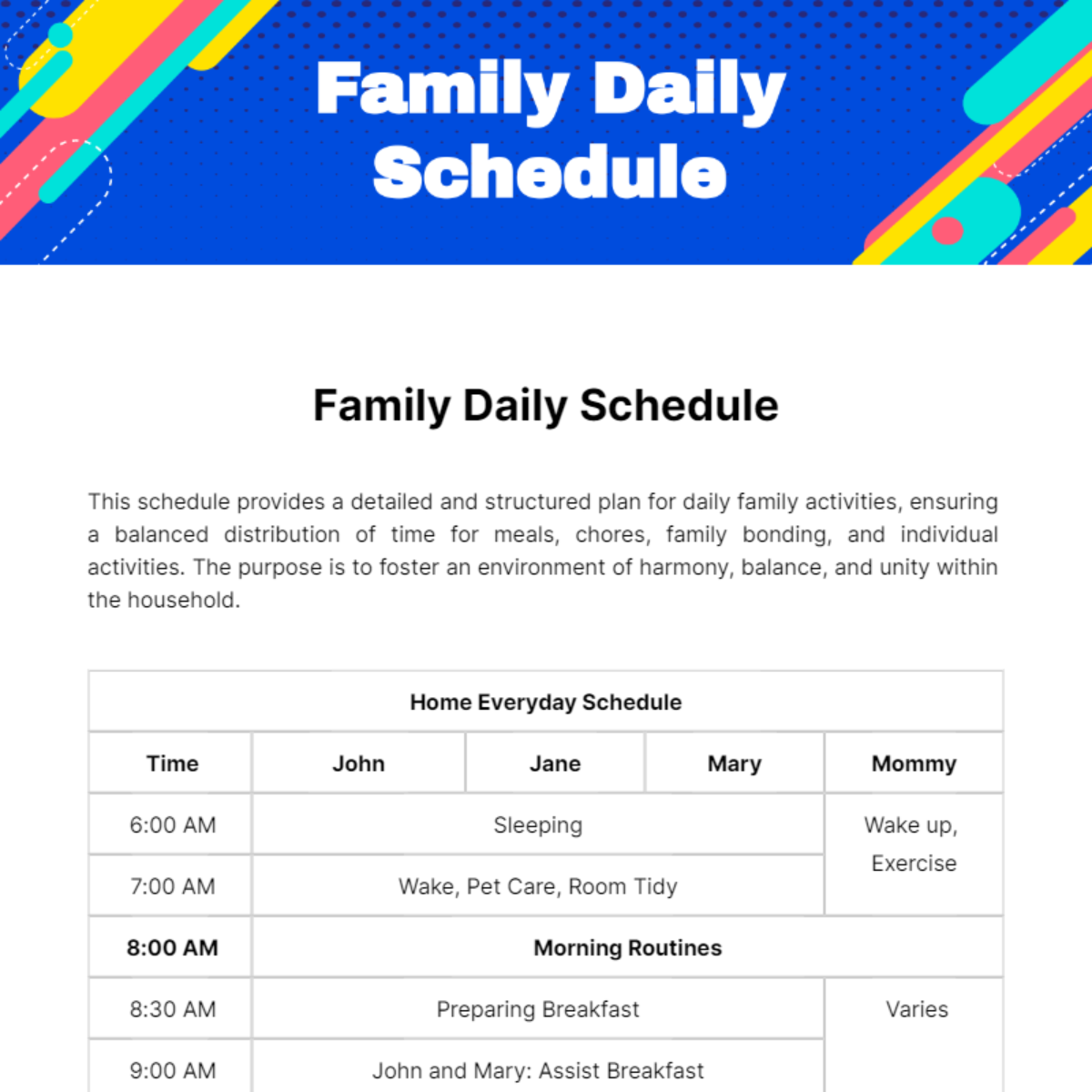Family Daily Schedule Template