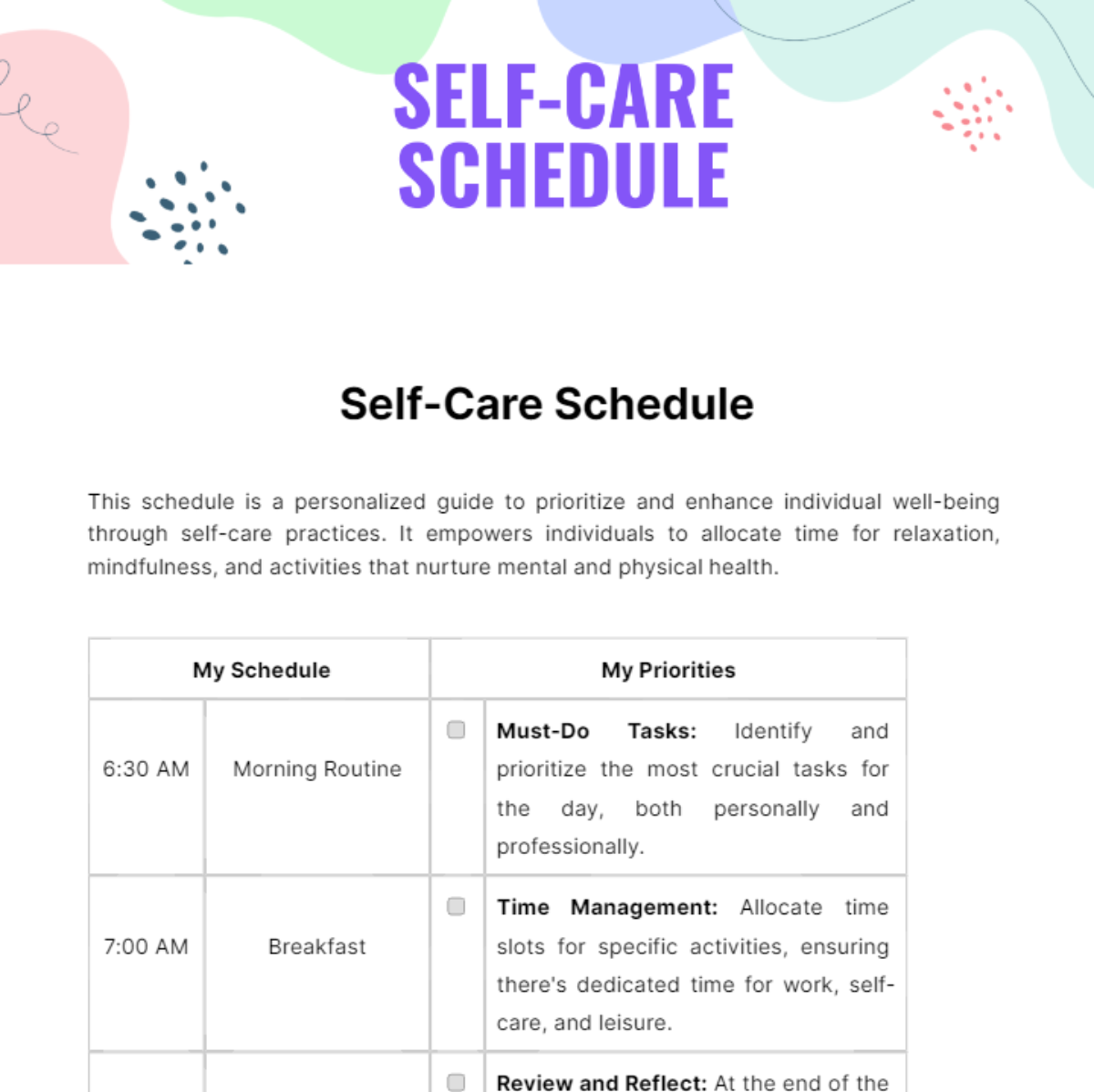 Self Care Schedule Template