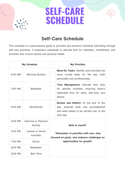 Free Self Care Schedule Template to Edit Online