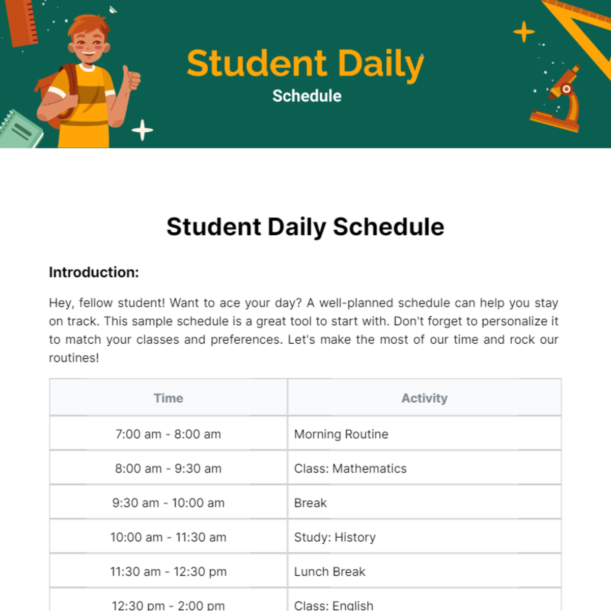 Free Student Daily Schedule Template