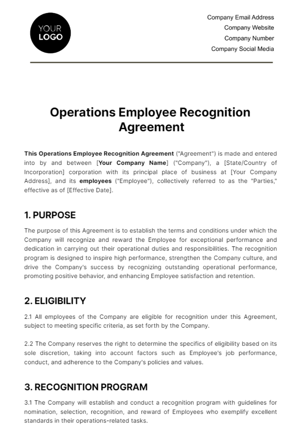 Operations Employee Recognition Agreement Template - Edit Online & Download