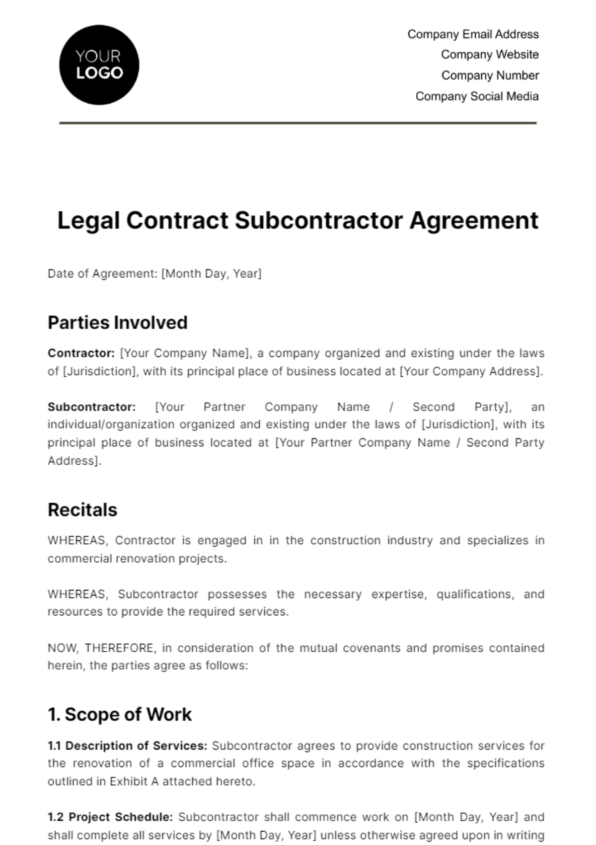 Legal Contract Subcontractor Agreement Template