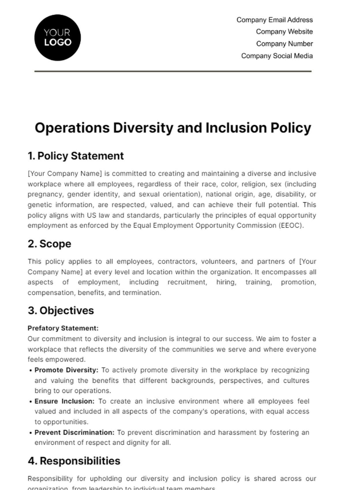 Operations Diversity and Inclusion Policy Template - Edit Online & Download