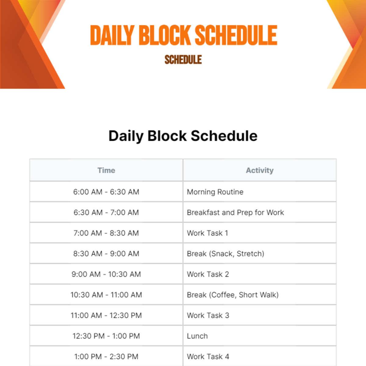 Daily Block Schedule Template