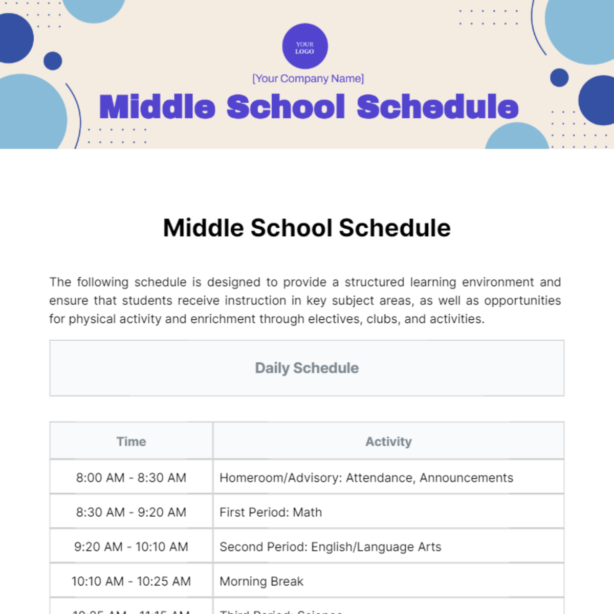 Middle School Schedule Template