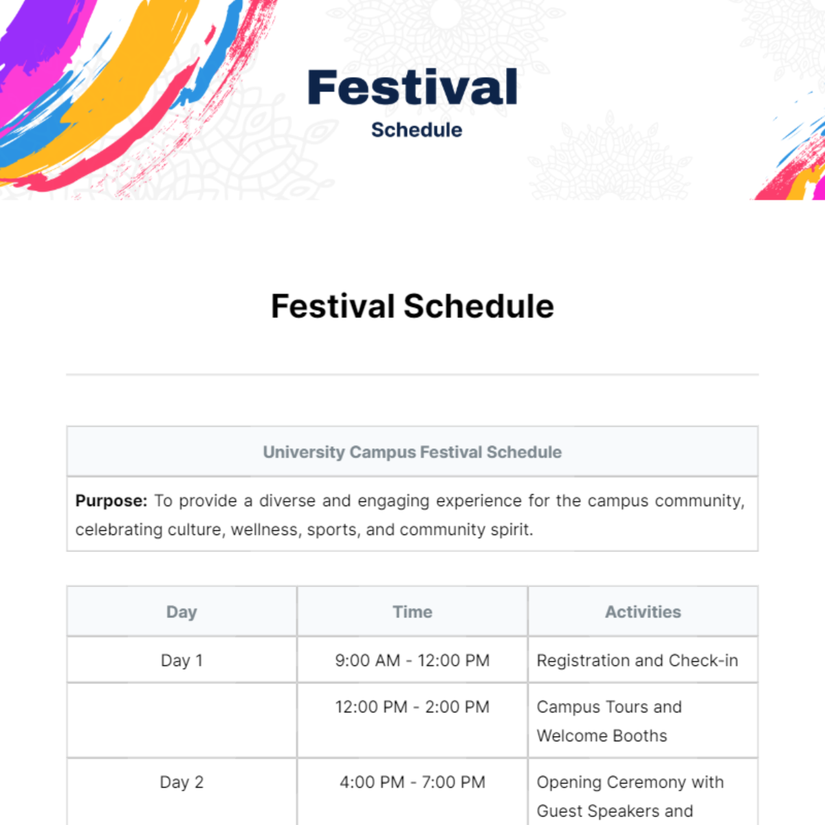 Free Festival Schedule Template