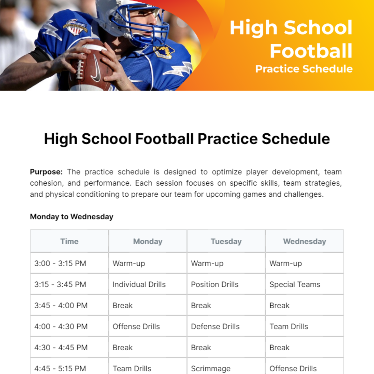 Free High School Football Practice Schedule Template