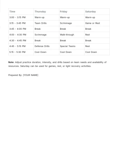 Free High School Football Practice Schedule Template to Edit Online