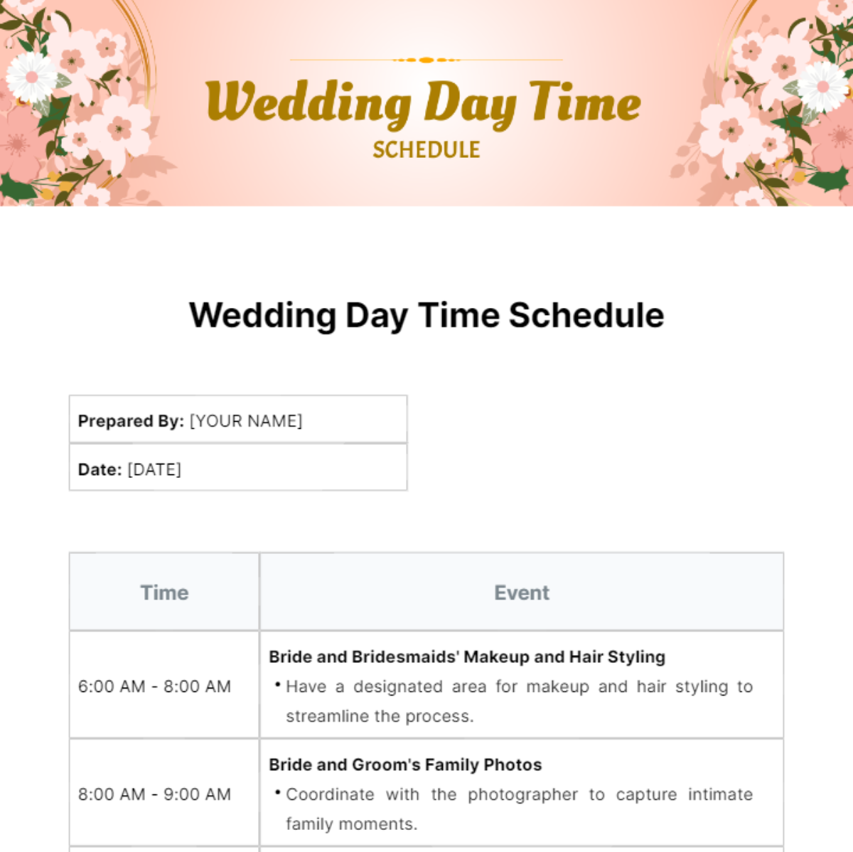 Wedding Day Time Schedule Template - Edit Online & Download