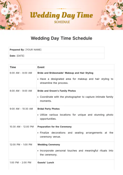 Free Wedding Day Time Schedule Template to Edit Online