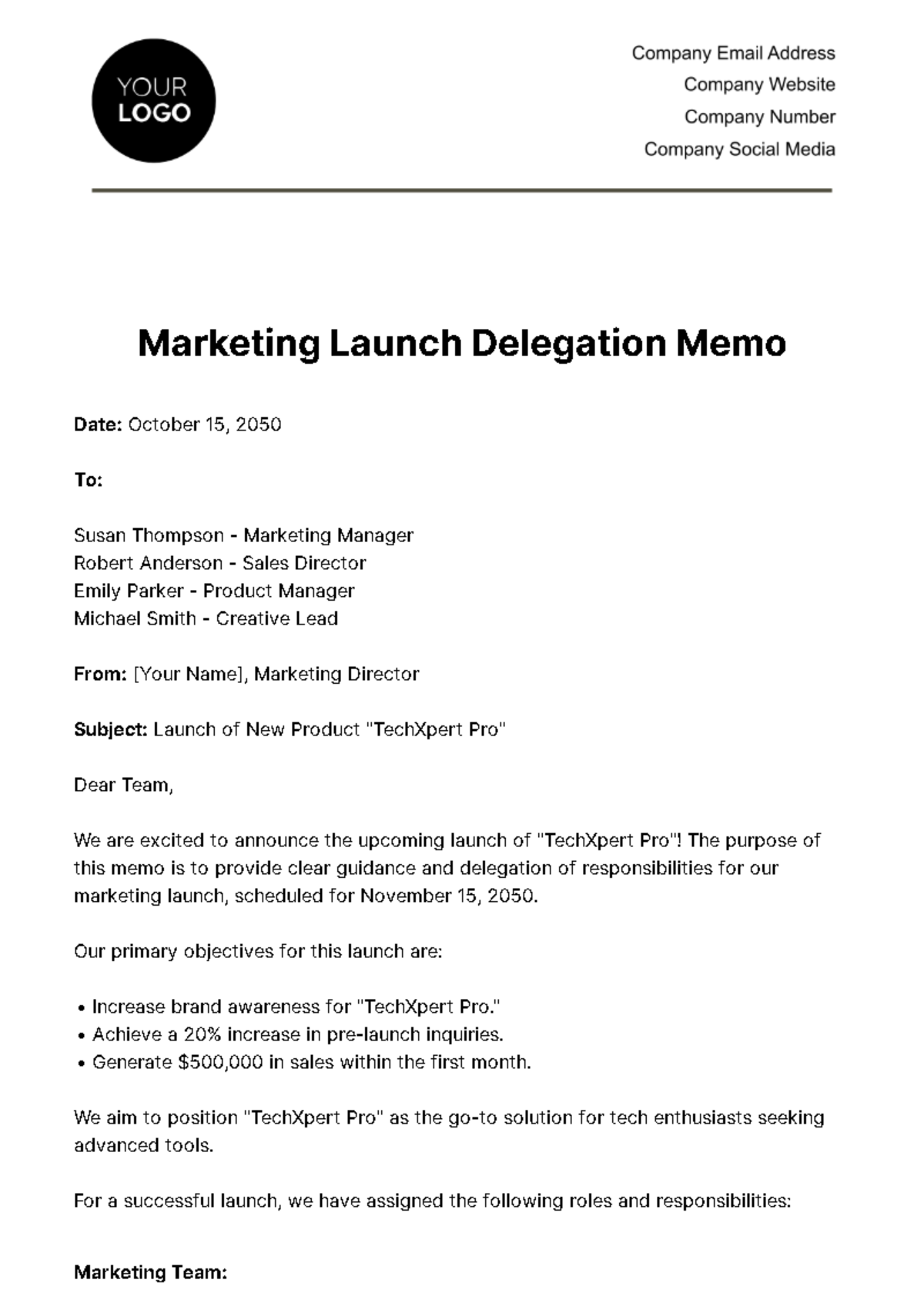 Free Marketing Launch Delegation Memo Template