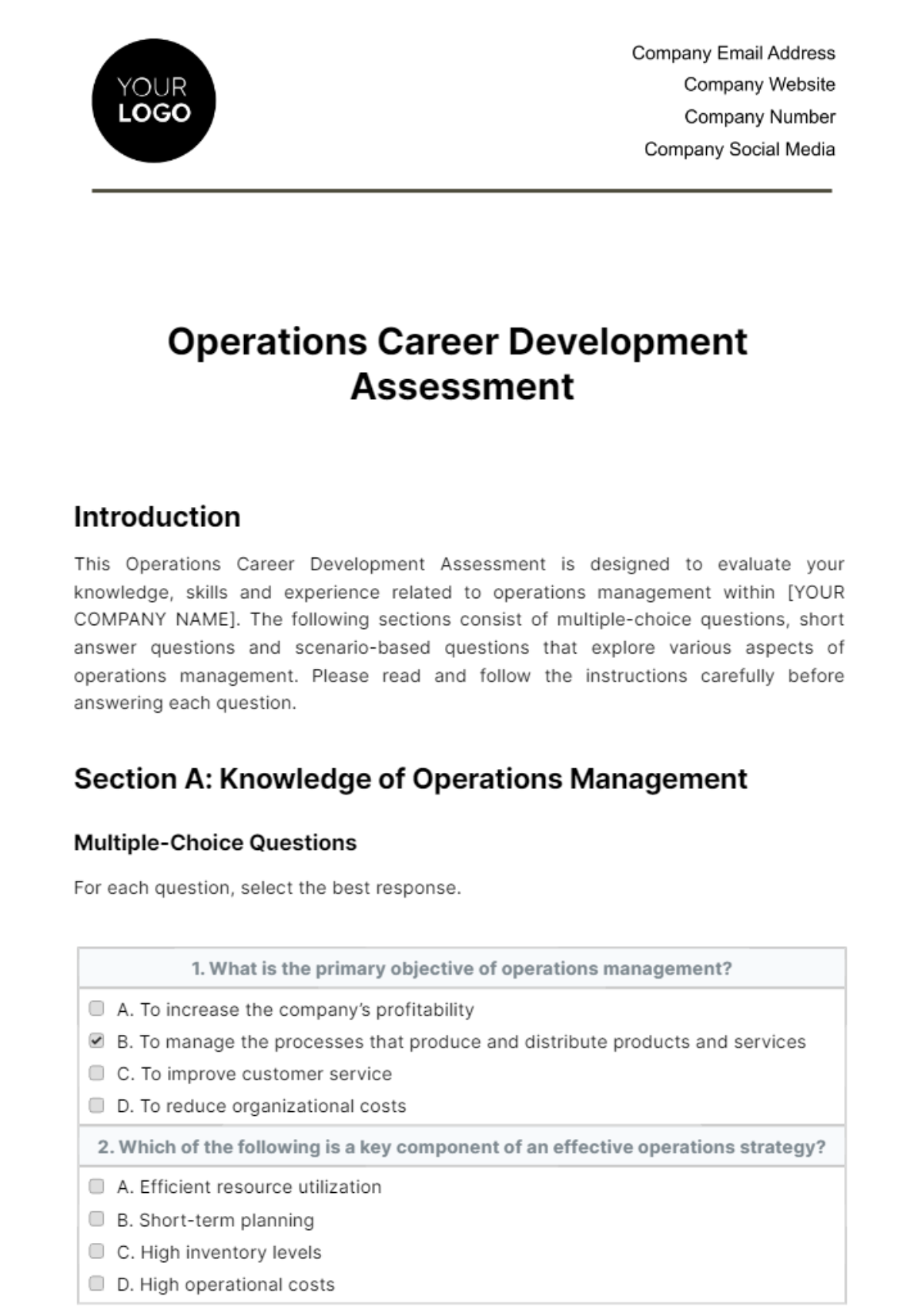 Free Operations Career Development Assessment Template