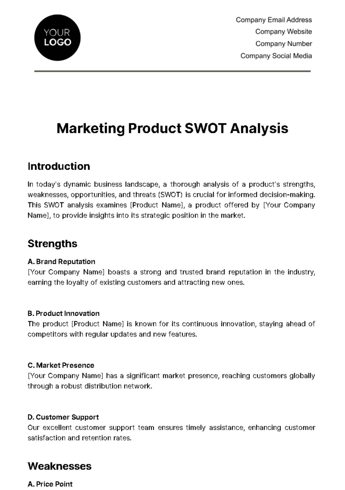 Marketing Product SWOT Analysis Template