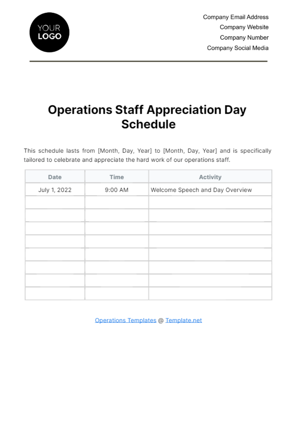 Operations Staff Appreciation Day Schedule Template - Edit Online & Download