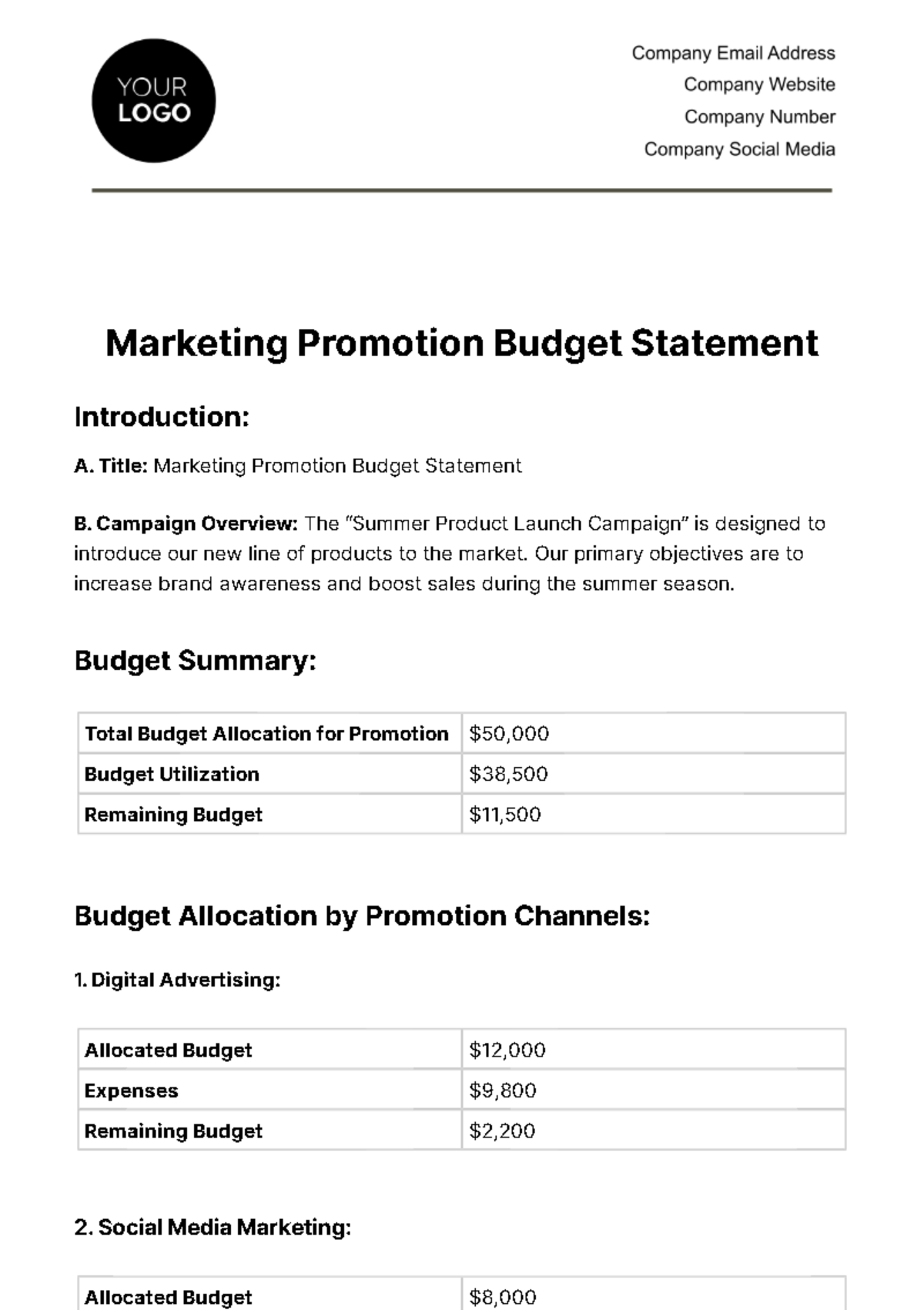 Marketing Promotion Budget Statement Template