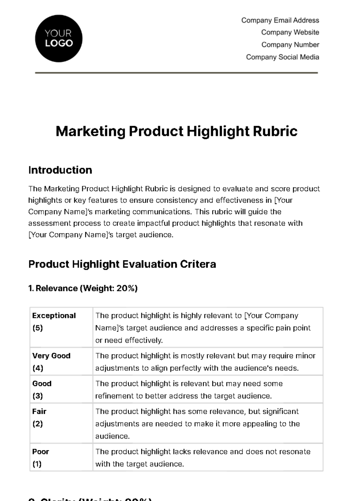 Free Marketing Product Highlight Rubric Template