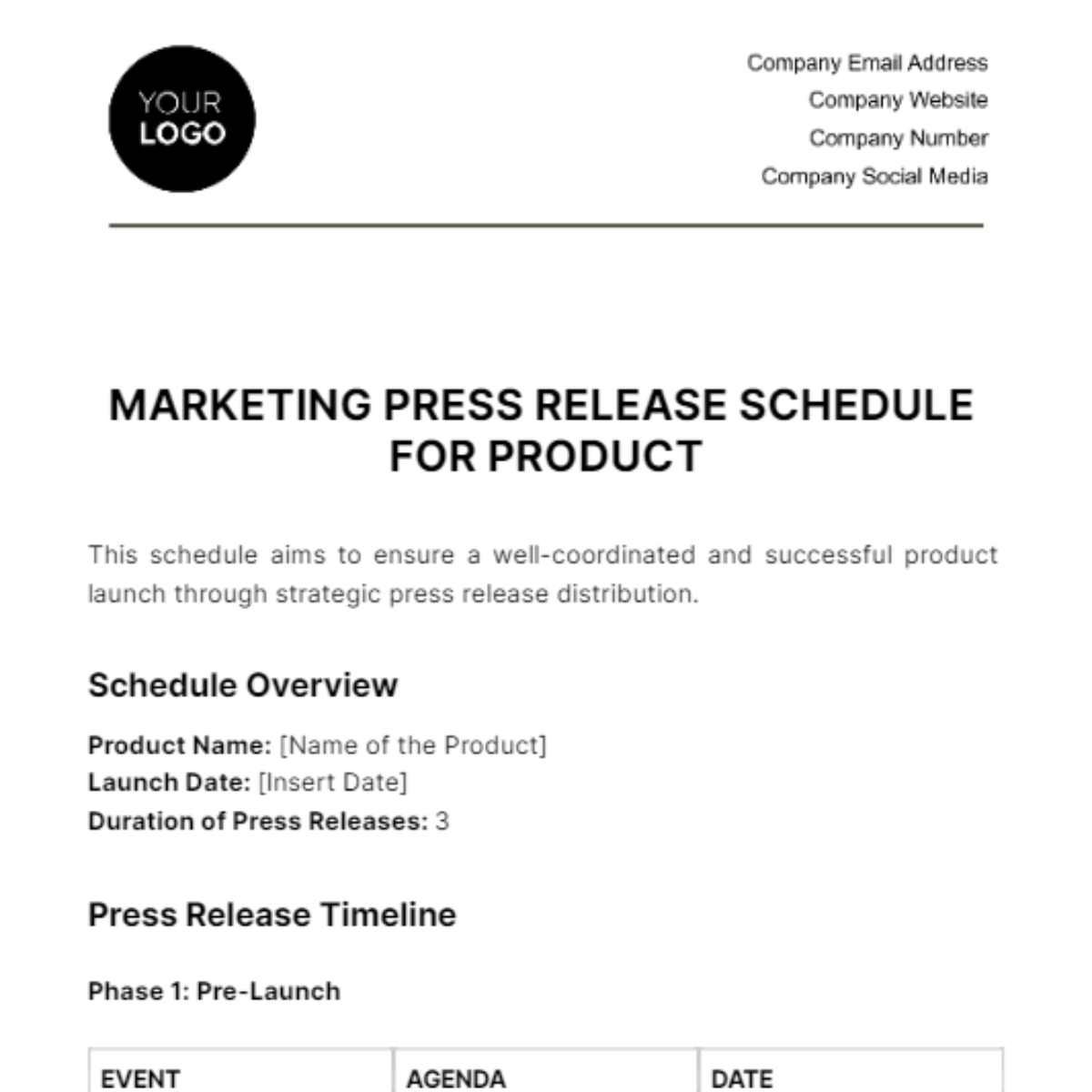 Marketing Press Release Schedule for Product Template