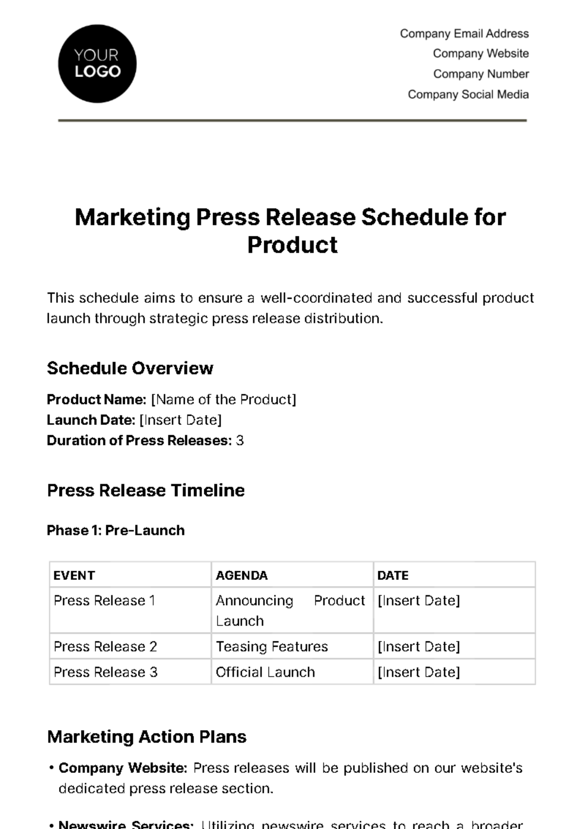 Marketing Press Release Schedule for Product Template