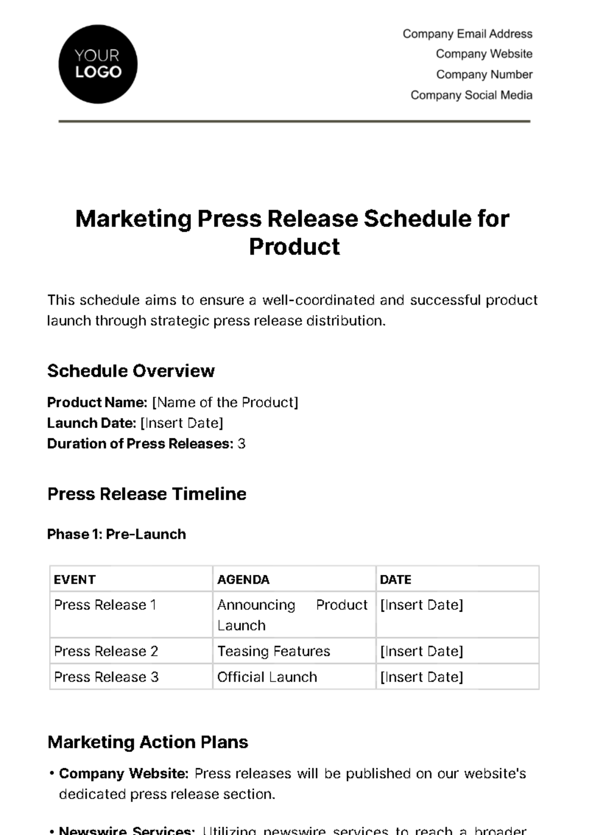 Free Marketing Press Release Schedule For Product Template Edit