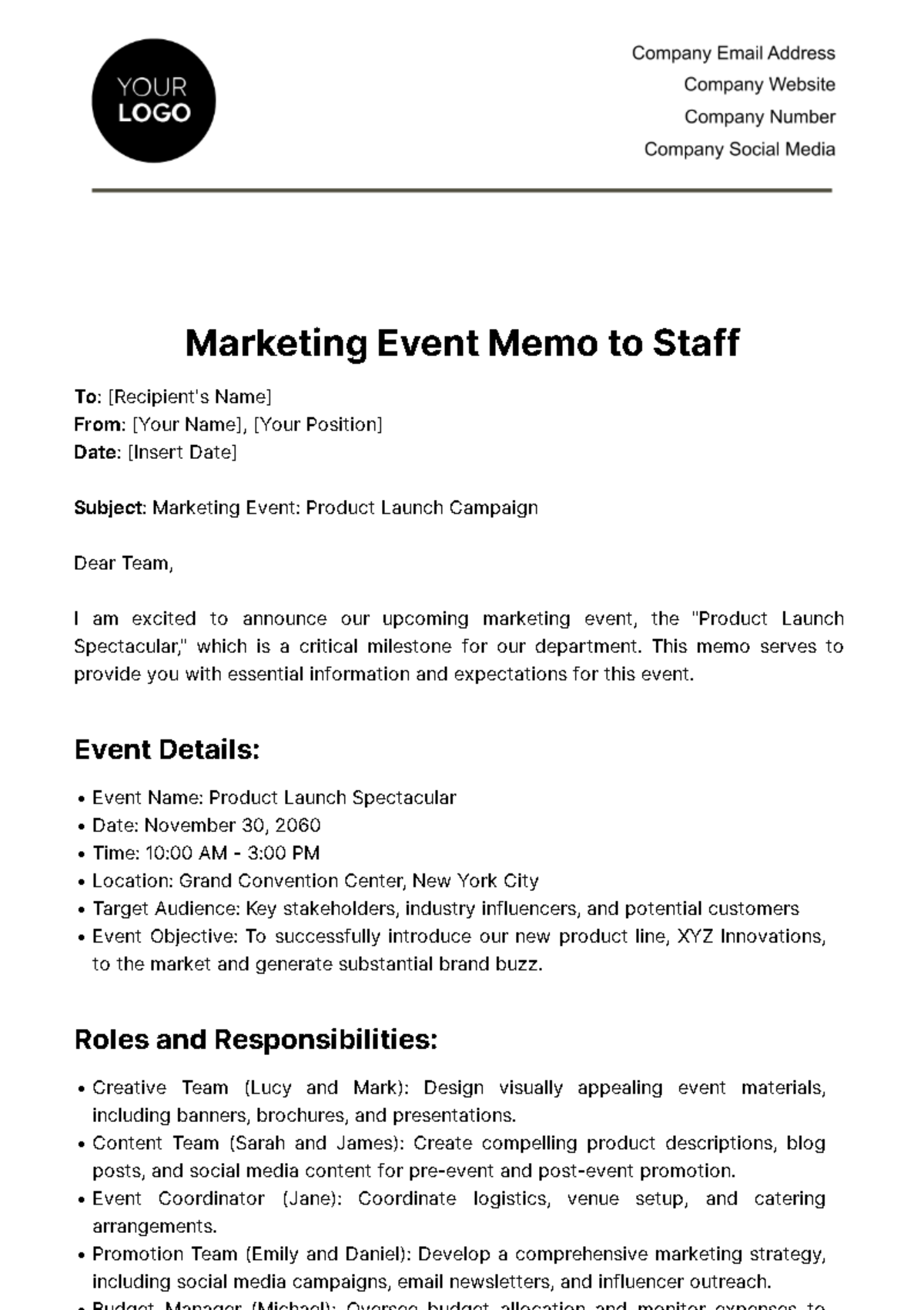 Free Marketing Event Memo to Staff Template