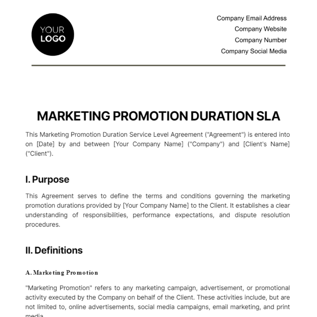 Marketing Promotion Duration SLA Template