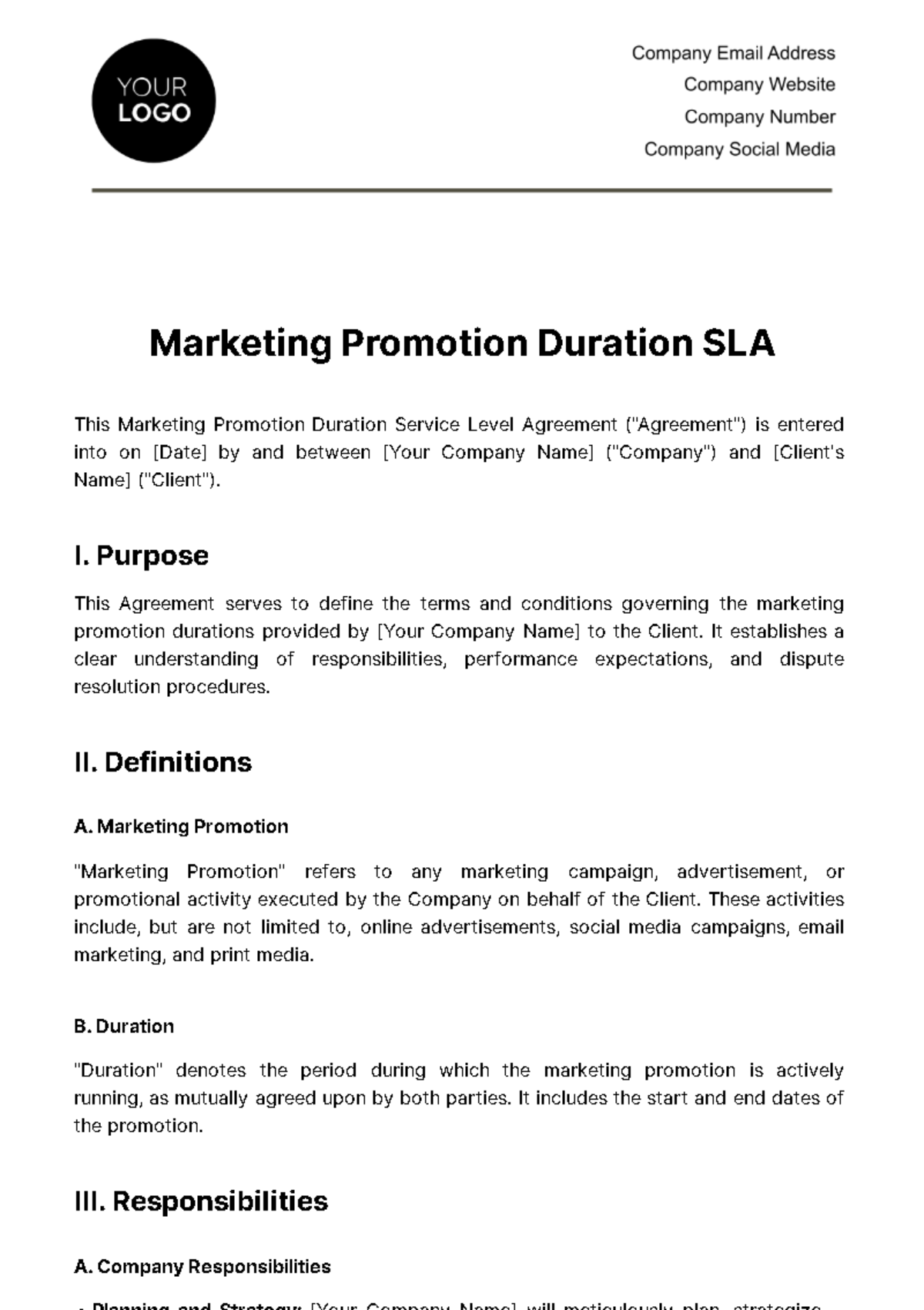 Marketing Promotion Duration SLA Template
