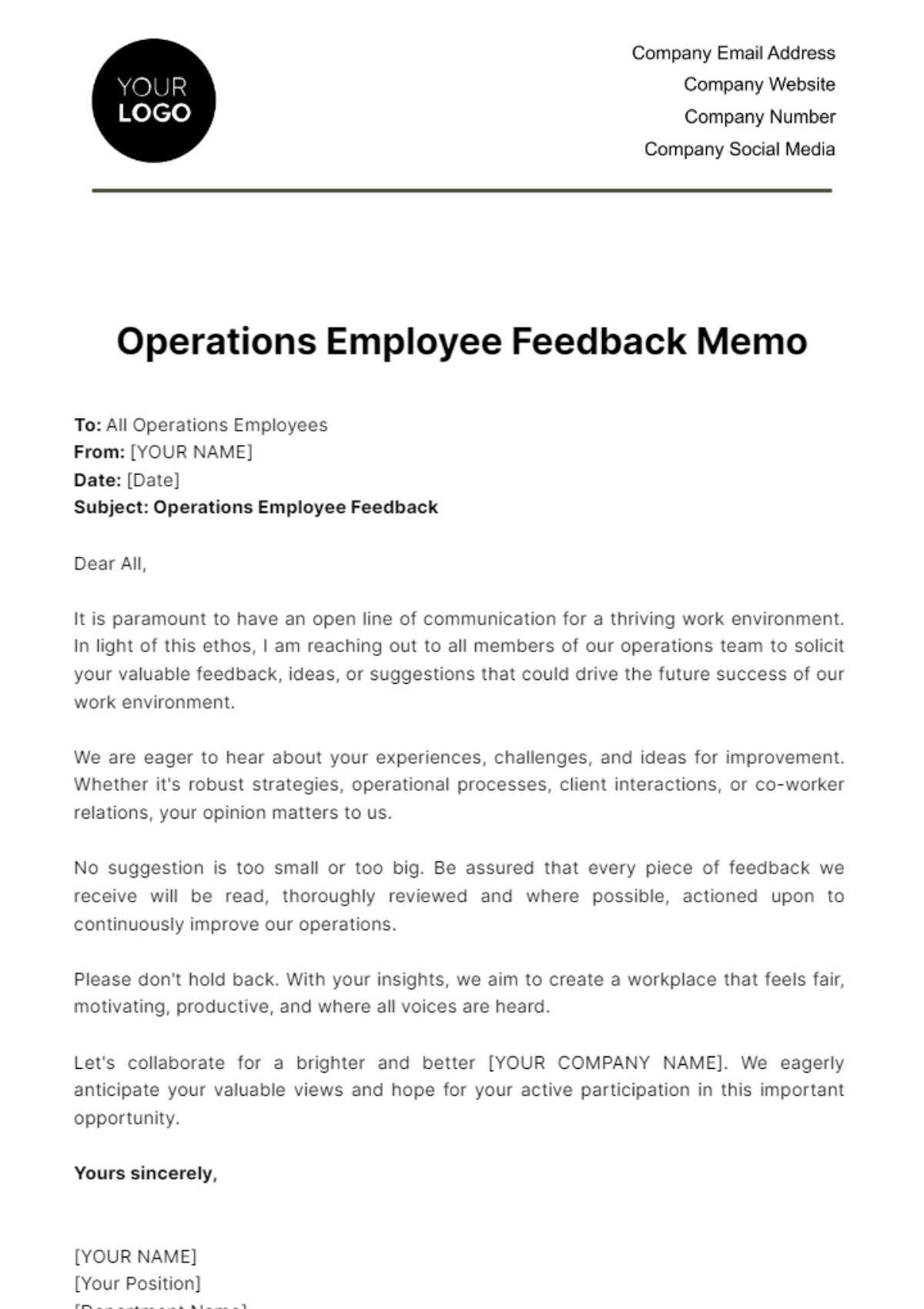 Operations Employee Feedback Memo Template - Edit Online & Download