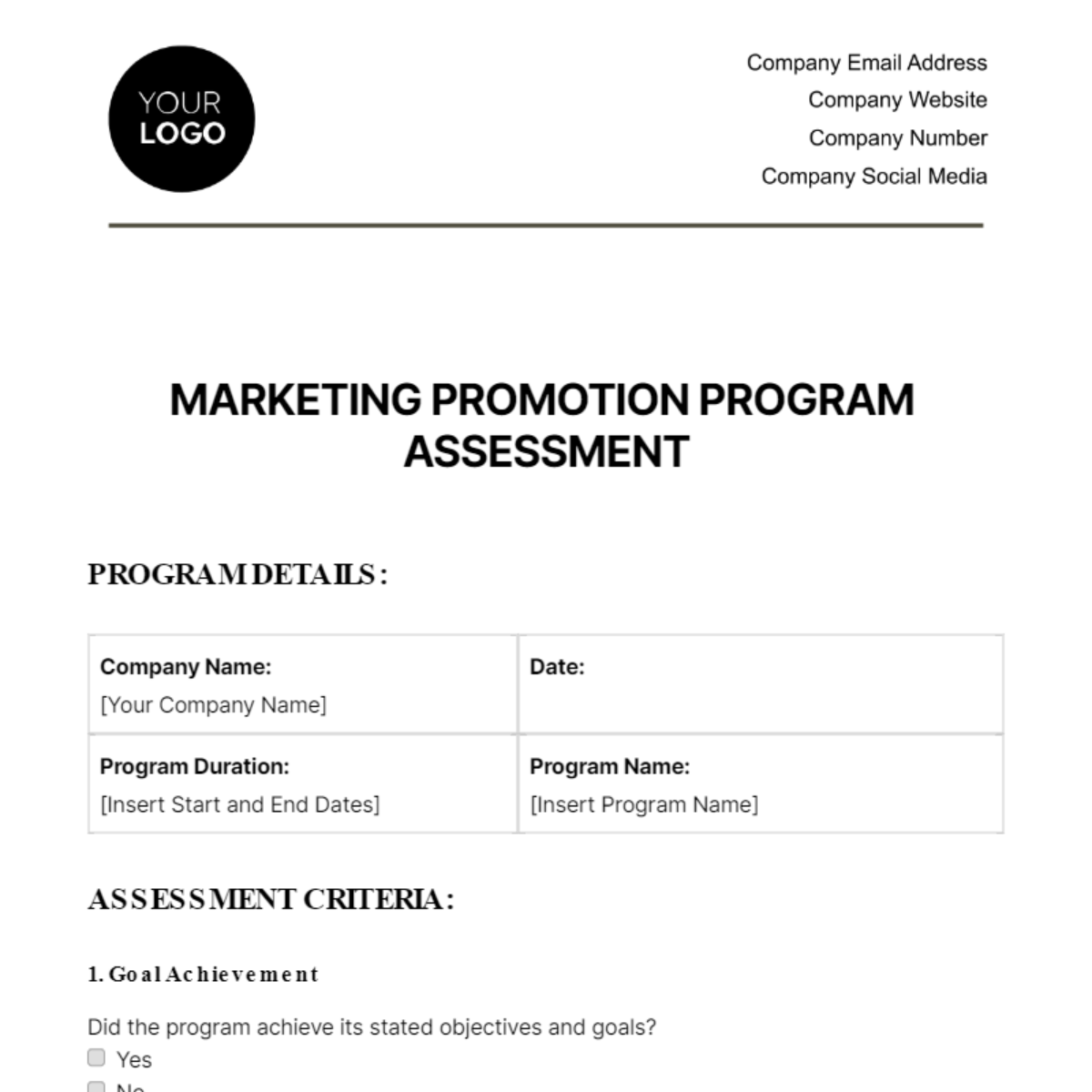  Marketing Promotion Program Assessment Template