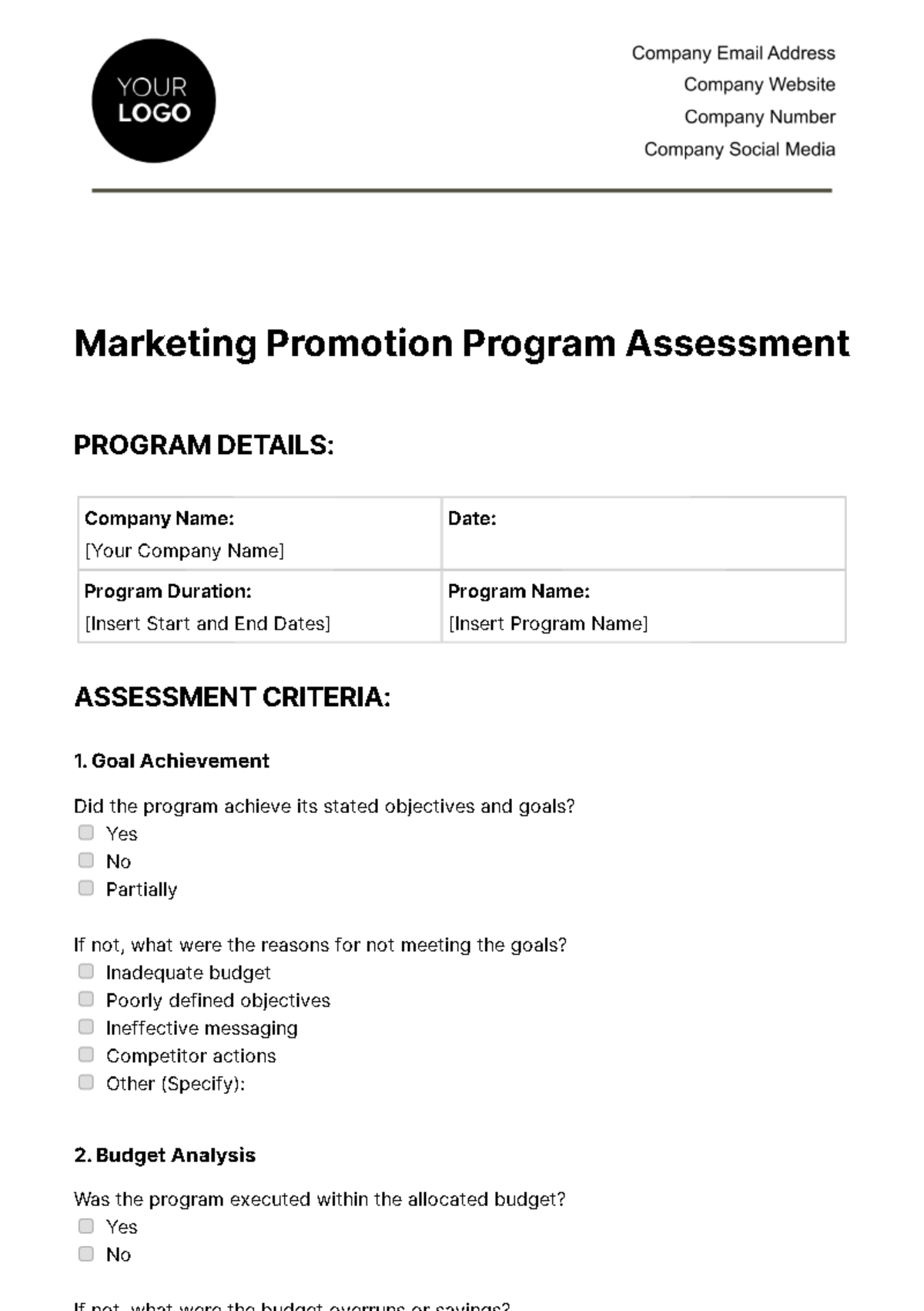 Free Marketing Promotion Program Assessment Template