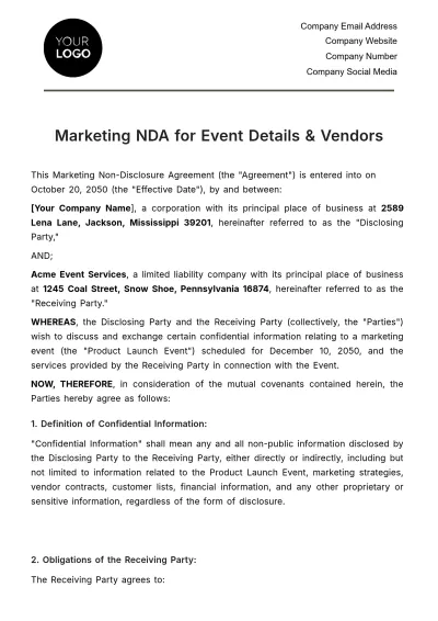 Free Marketing NDA for Event Details & Vendors Template to Edit Online