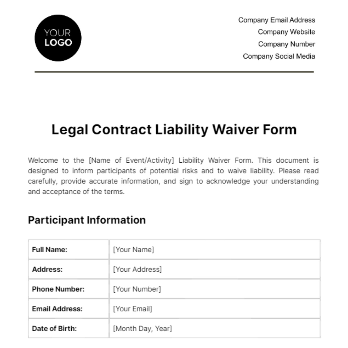 Legal Contract Liability Waiver Form Template