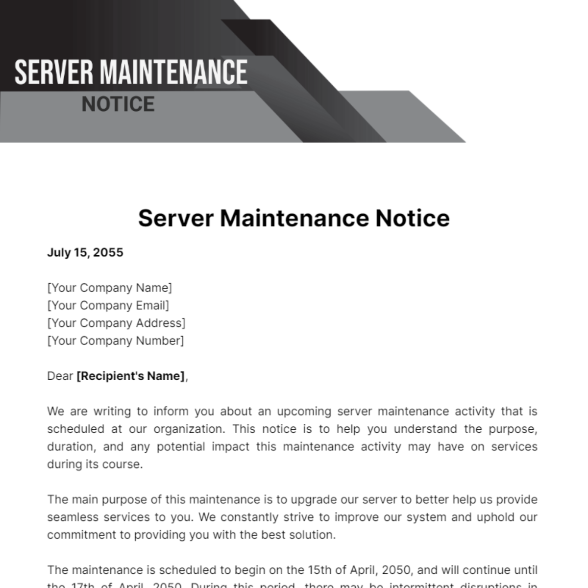 Server Maintenance Notice Template