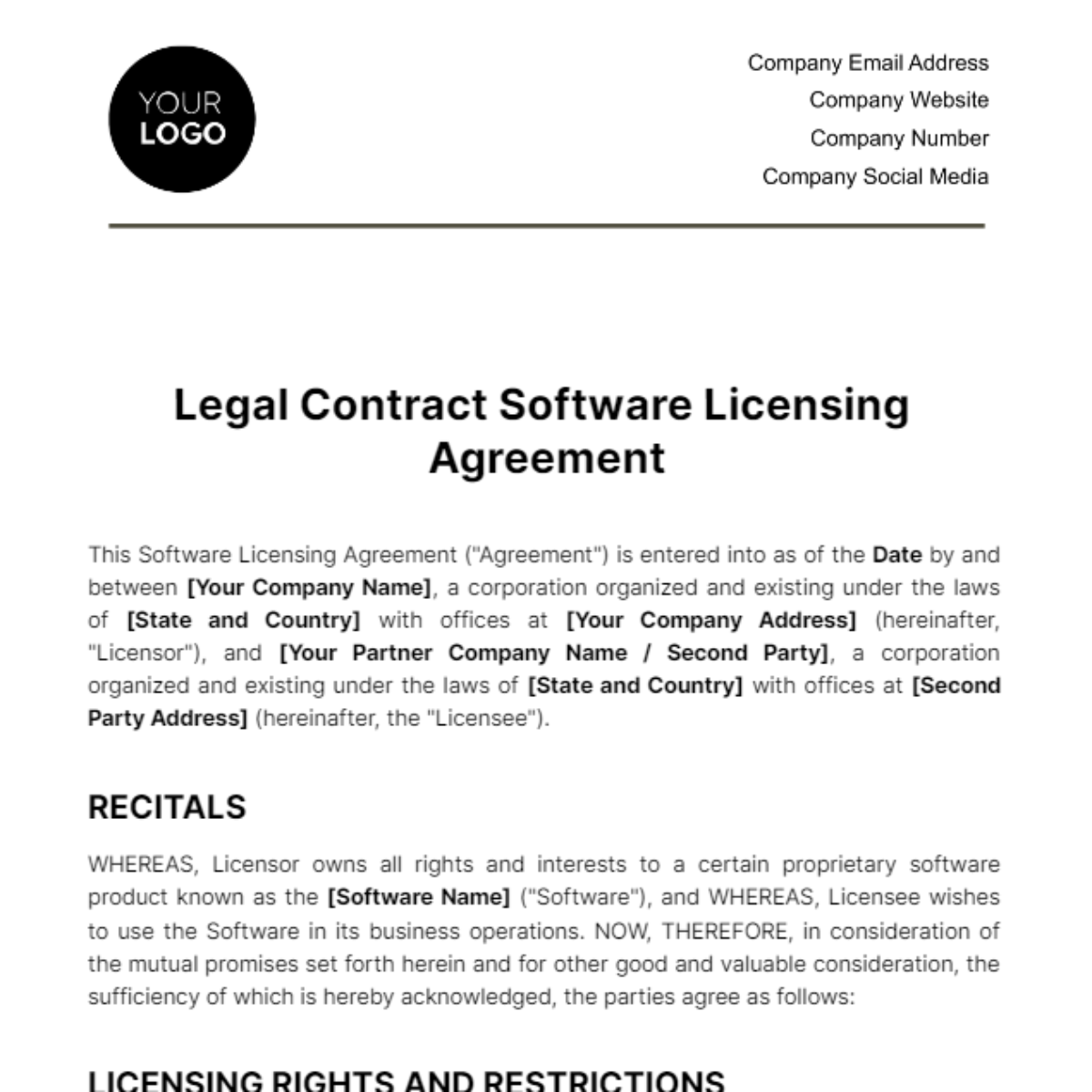 Legal Contract Software Licensing Agreement Template