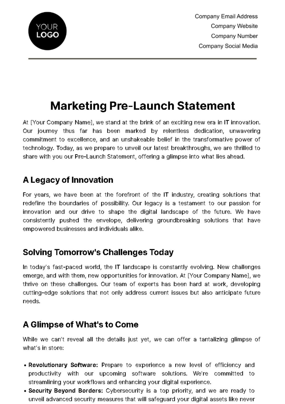 Free  Marketing Pre-Launch Statement Template