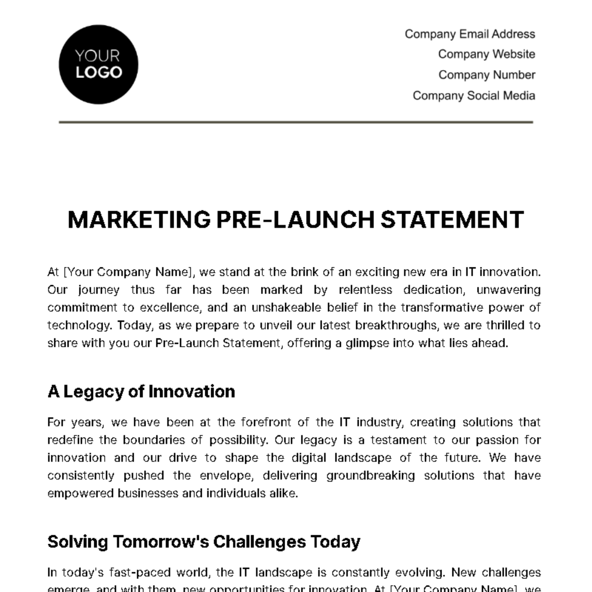 Marketing Pre-Launch Statement Template