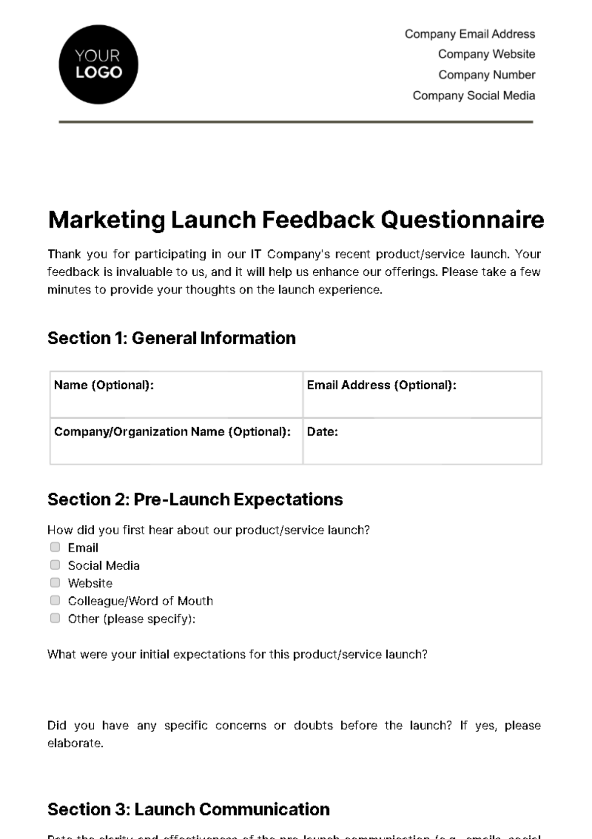 Free Marketing Launch Feedback Questionnaire Template