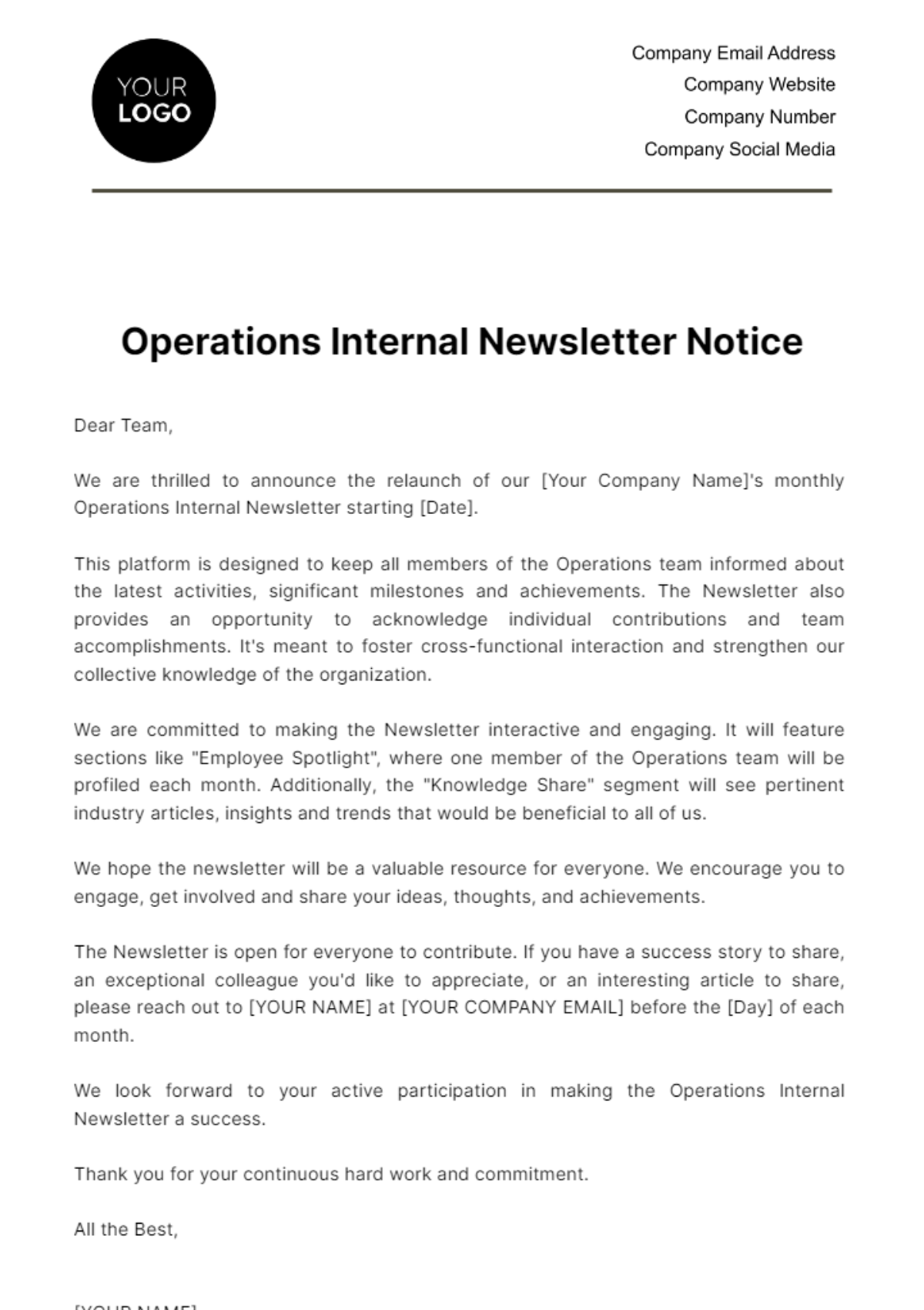 Operations Internal Newsletter Notice Template - Edit Online & Download