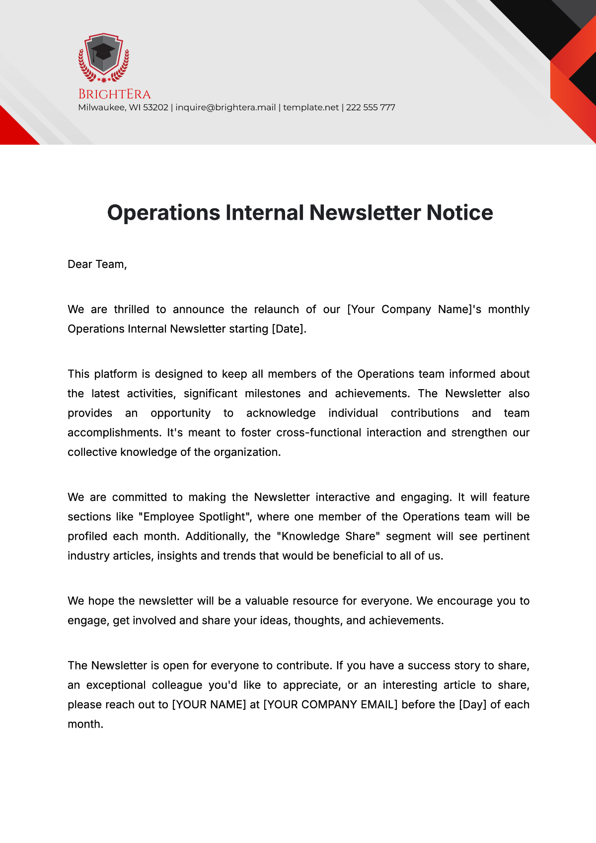 Operations Internal Newsletter Notice Template