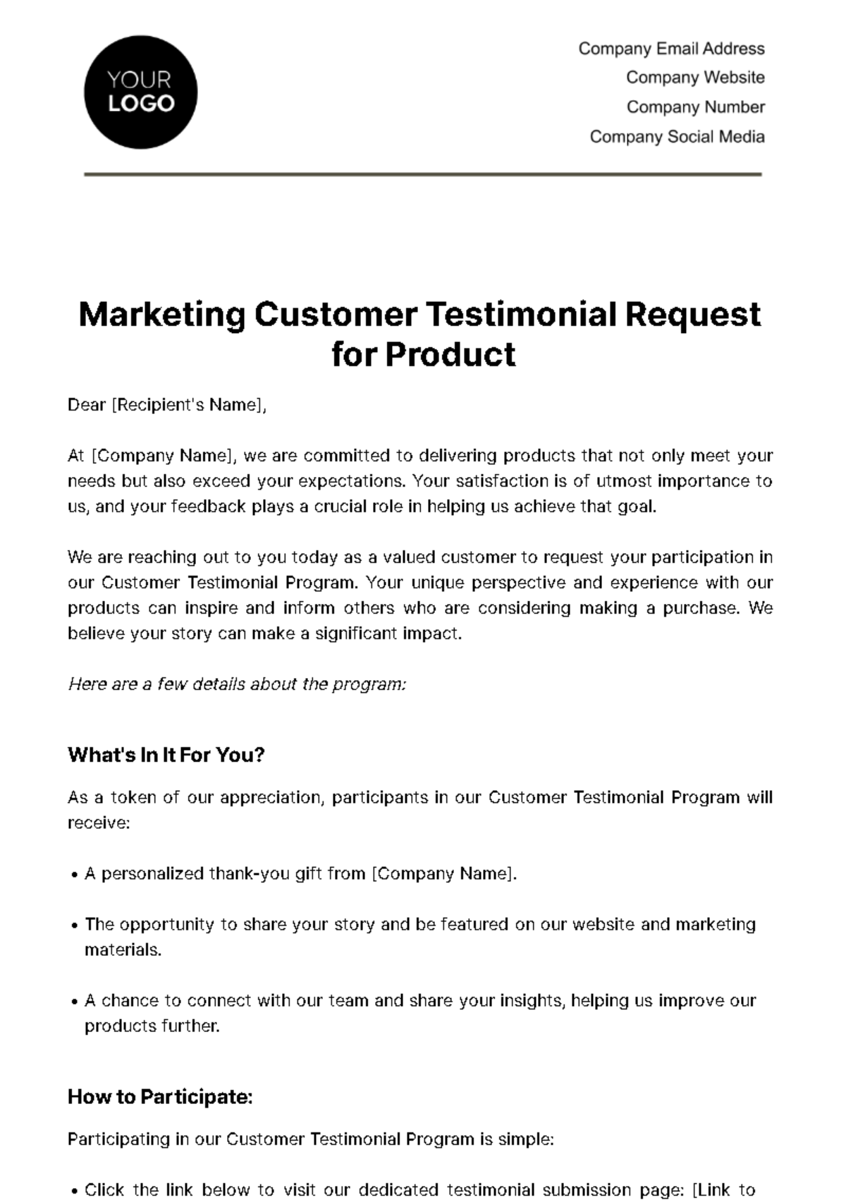 Free Marketing Customer Testimonial Request for Product Template