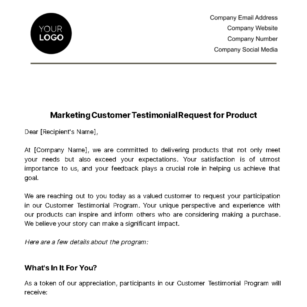 Marketing Customer Testimonial Request for Product Template