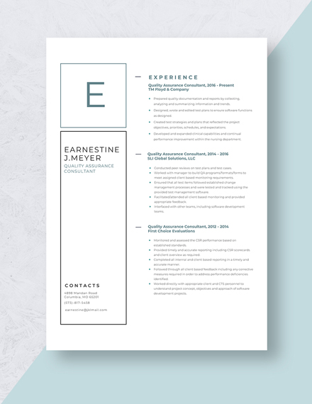 Quality Assurance Consultant Resume Template