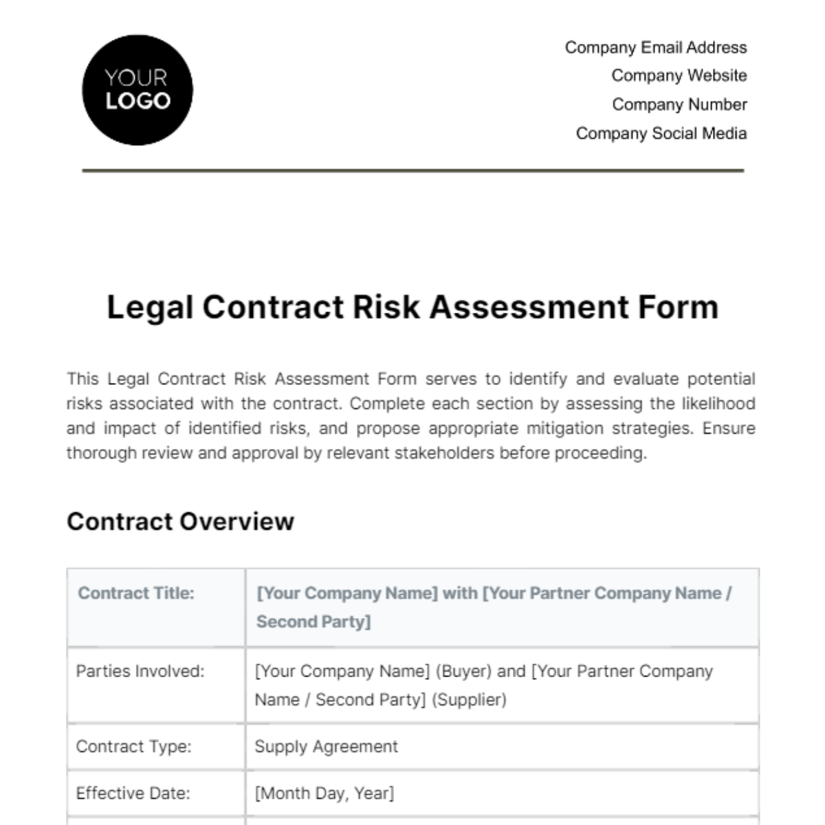 Legal Contract Risk Assessment Form Template