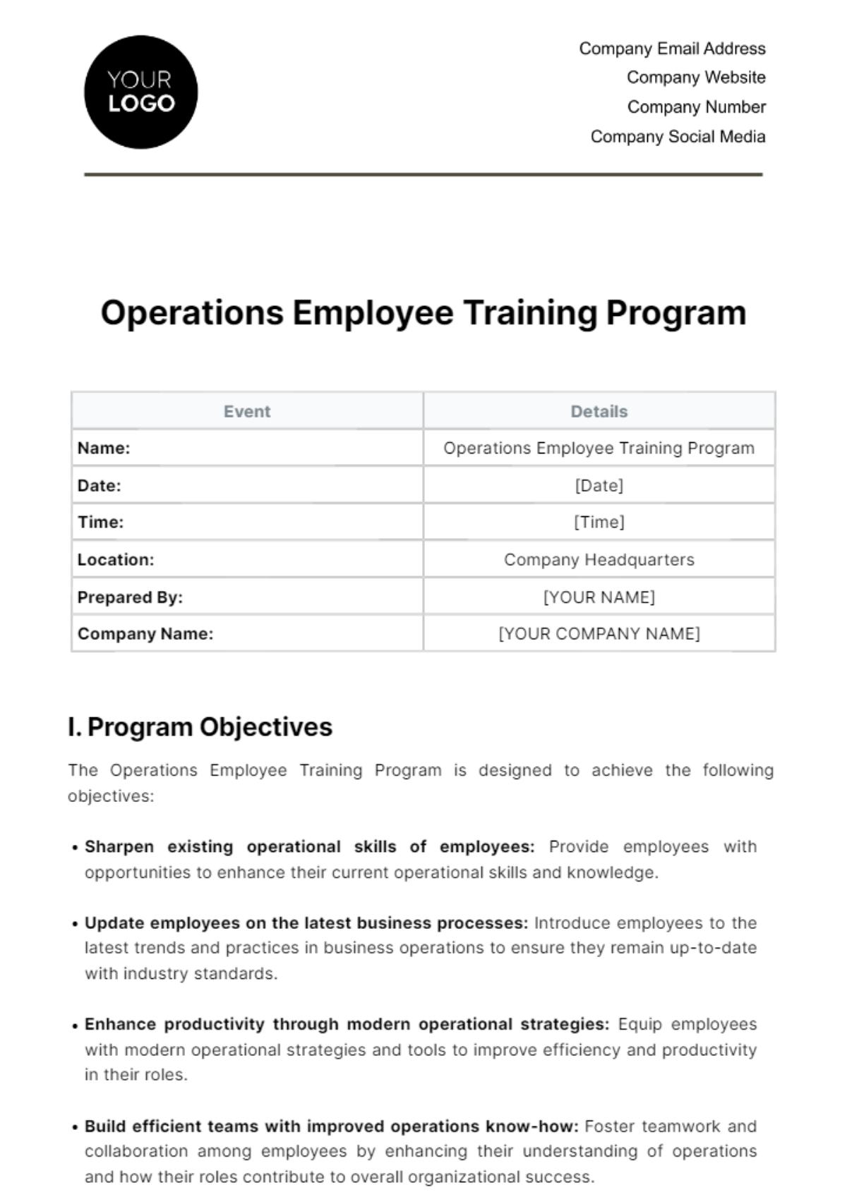 Operations Employee Training Program Template - Edit Online & Download