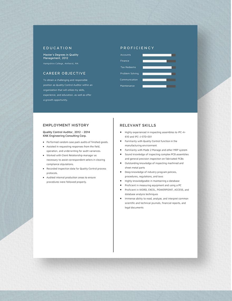 Quality Control Auditor Resume Template