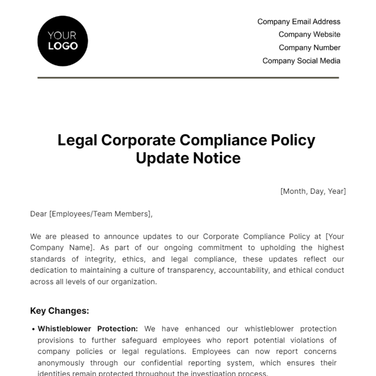 Legal Corporate Compliance Policy Update Notice Template